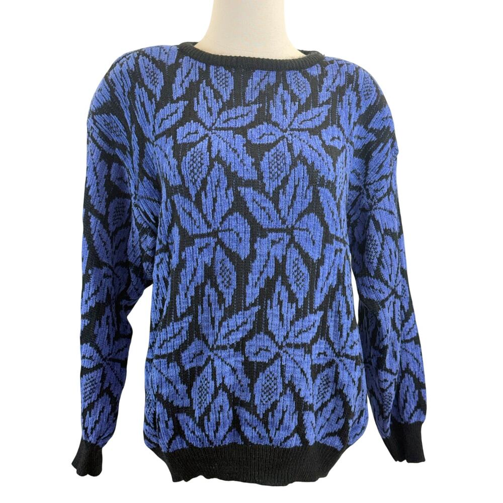 Vintage 80s Bernie-Jo Women's Large Purple Black Leaf Print Knit Sweater